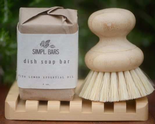 zero waste dish soap bar and brush